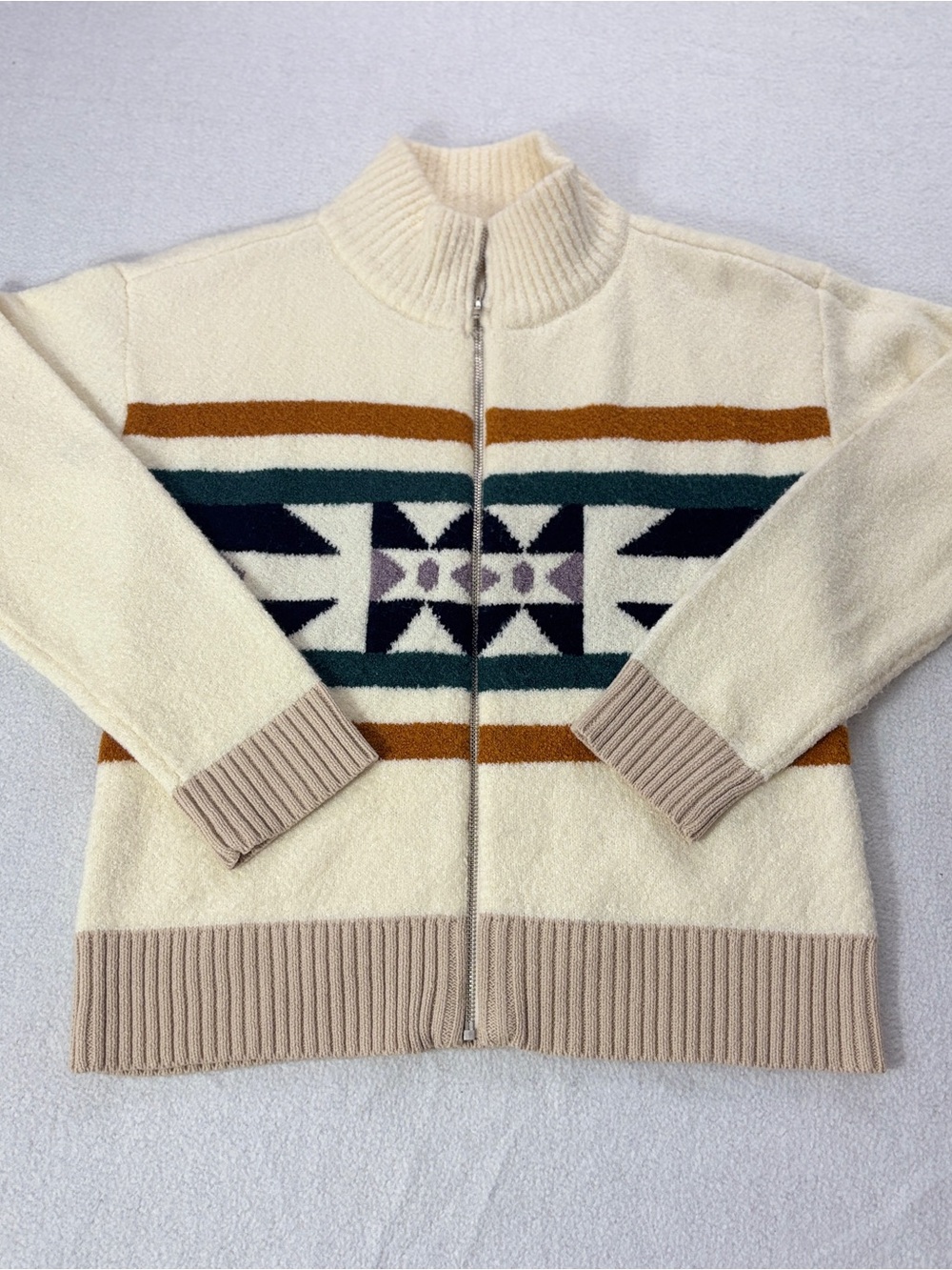 Hem & Thread Southwestern Aztec Zip Up Sweater Jacket Cream Brown Green S